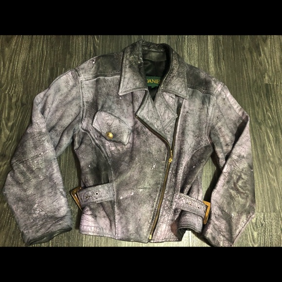 Danier vintage womens leather motto jacket. Customized w/purple distressed look. - Picture 2 of 6